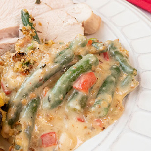 Cheesy Green Bean Casserole with Pimientos & Bacon