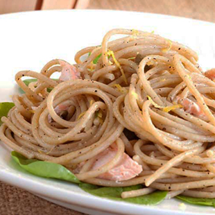 Lemon Basil Salmon over Whole Grain Spaghetti