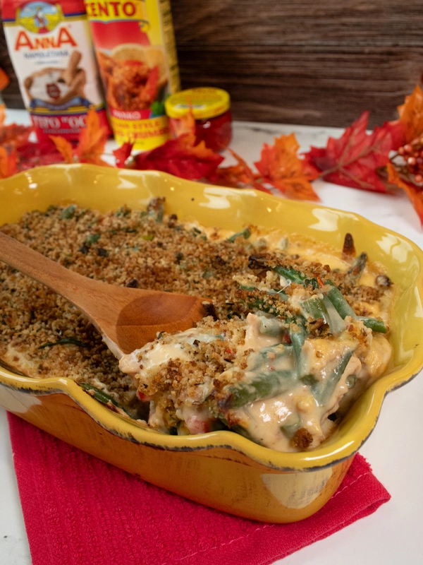 CHEESY GREEN BEAN CASSEROLE WITH PIMIENTOS & BACON