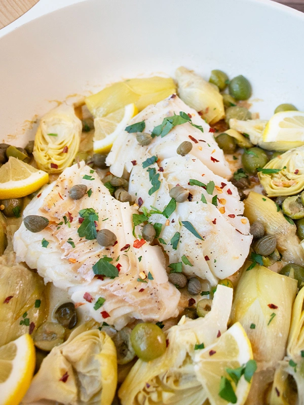 White Fish with Capers, Olives, & Artichokes