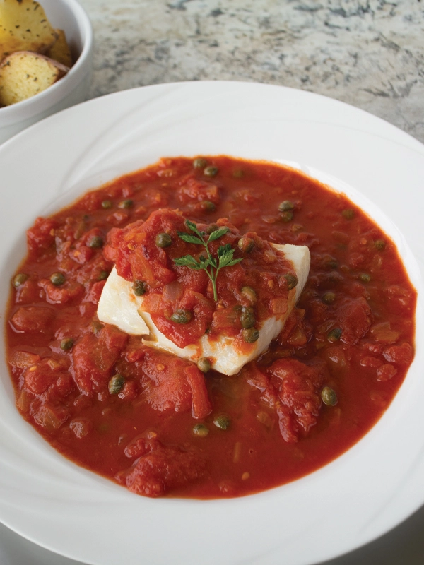 POACHED COD IN TOMATO CAPER SAUCE