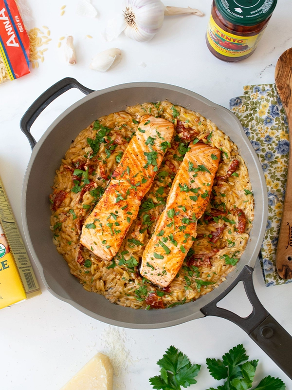 SALMON OVER CREAMY ORZO