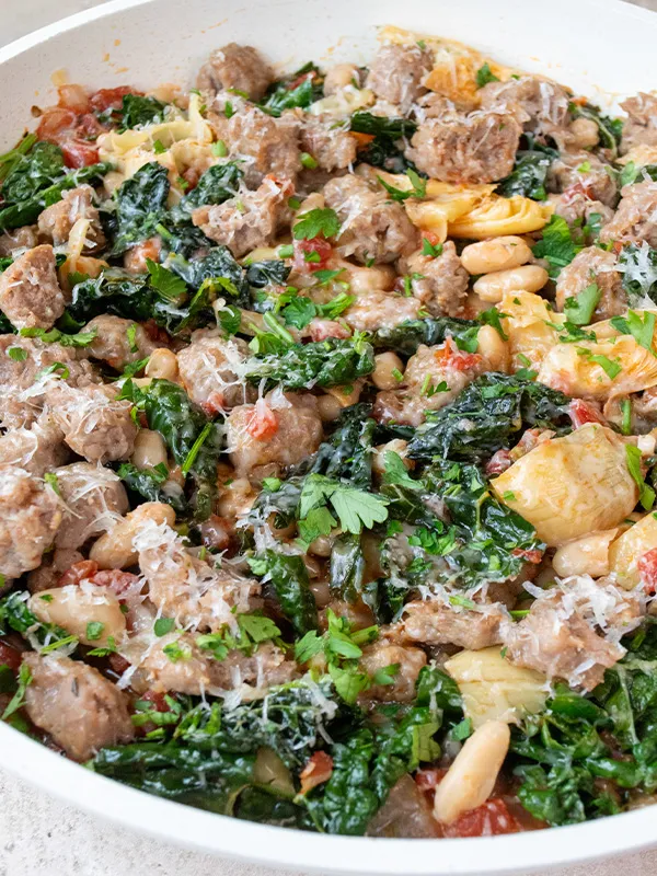 Artichoke, Sausage, Bean & Tomato Skillet