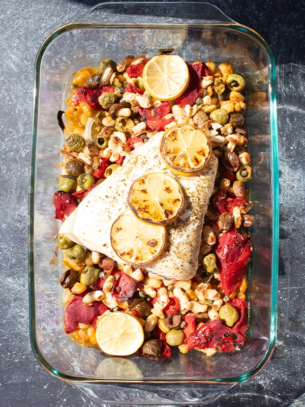 MEDITERRANEAN WHITE FISH BAKE WITH BEANS