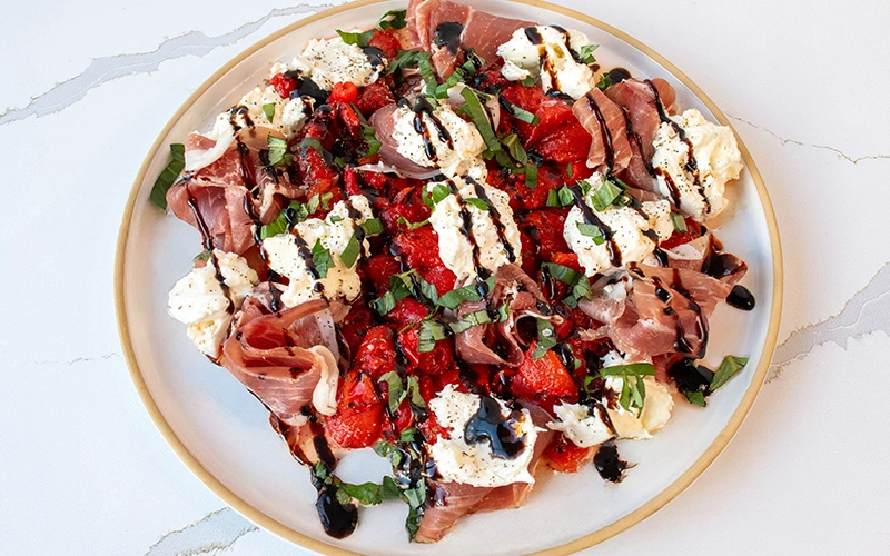 Roasted Red Peppers with Burrata & Prosciutto