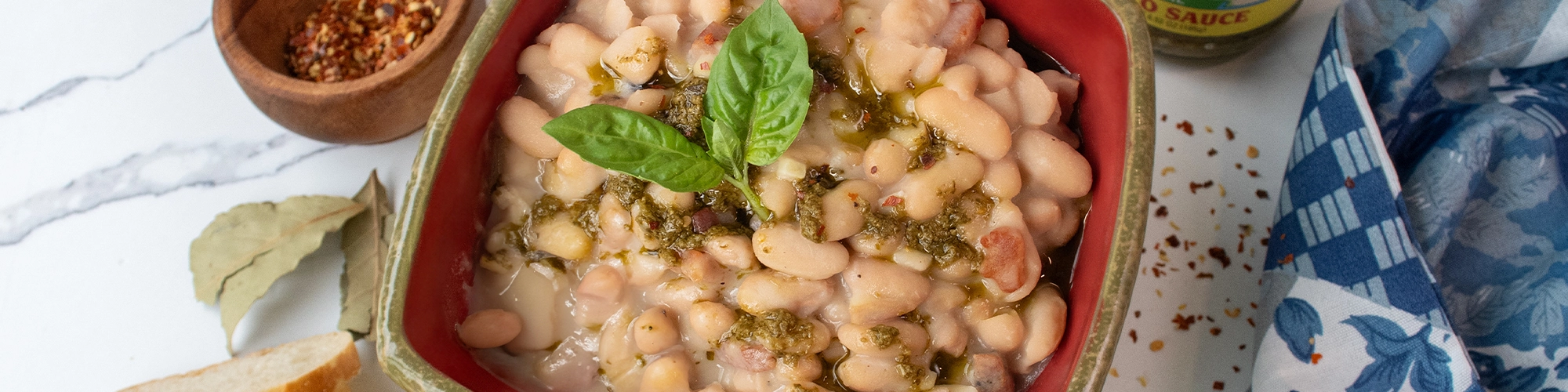 Rustic Beans with Crispy Pancetta & Pesto