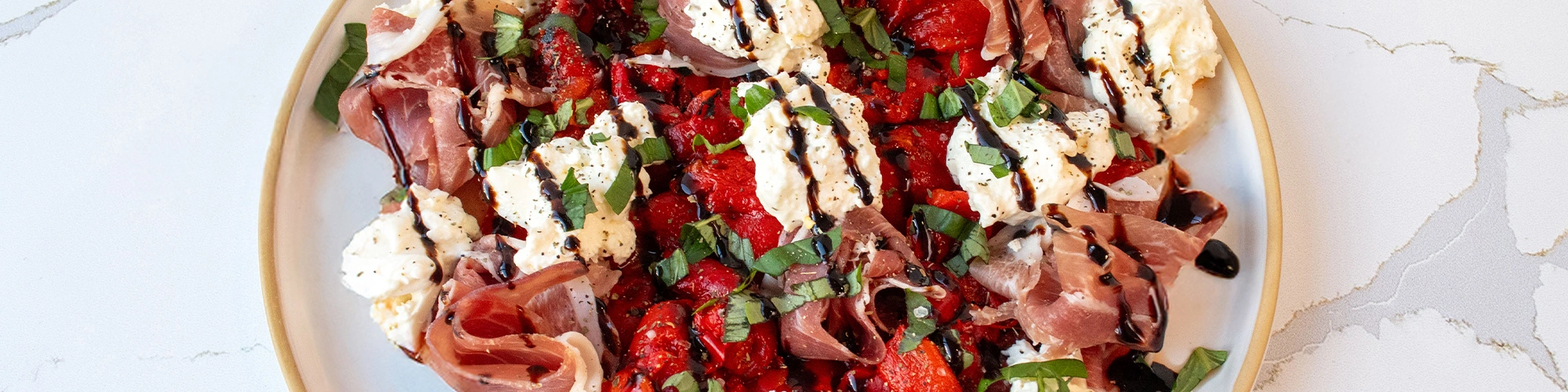 Roasted Red Peppers with Burrata & Prosciutto