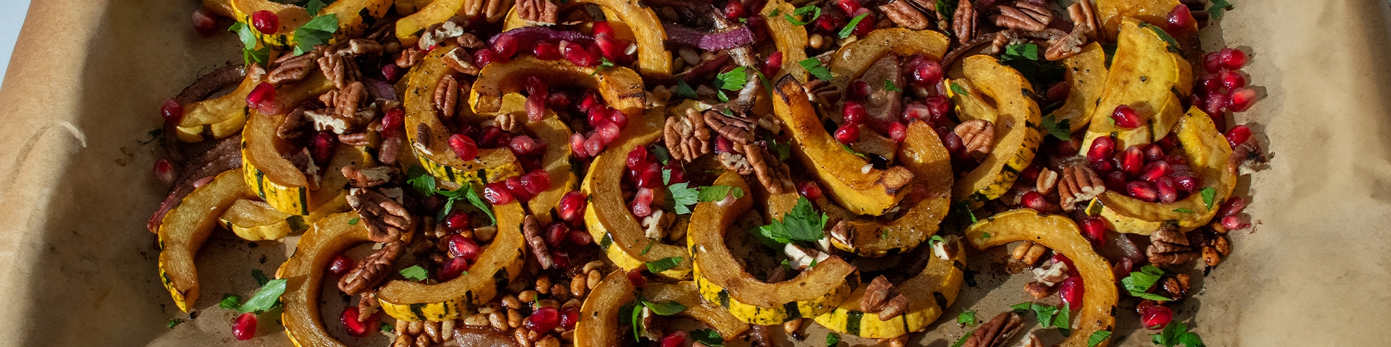 Roasted Delicata Squash with Pine Nuts & Pomegranate