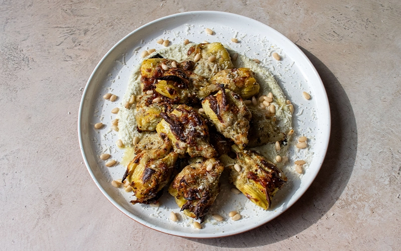 Crispy Smashed Artichokes with Pesto Whipped Ricotta