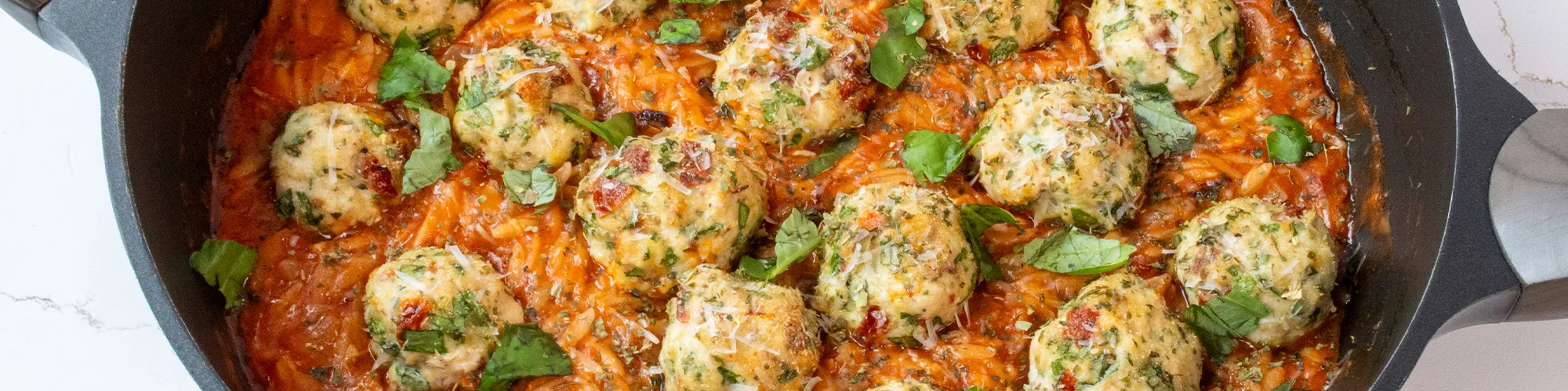 Tomato Basil Orzo with Chicken Meatballs