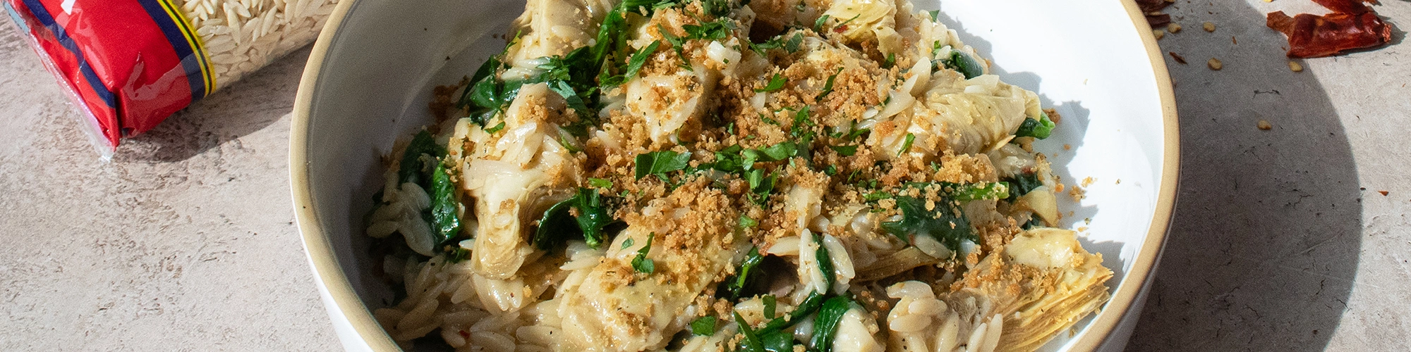 Spinach Artichoke Orzo with Breadcrumbs