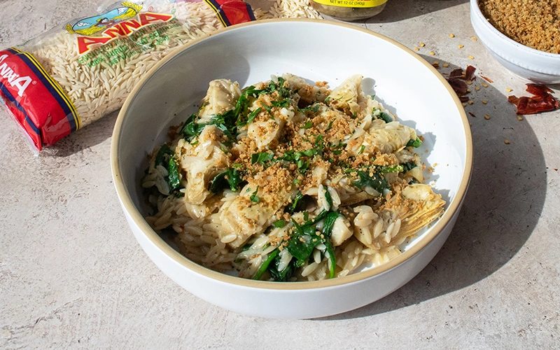 Spinach Artichoke Orzo with Breadcrumbs