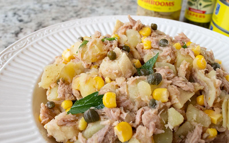 TUNA, CORN, MUSHROOM, AND POTATO SALAD