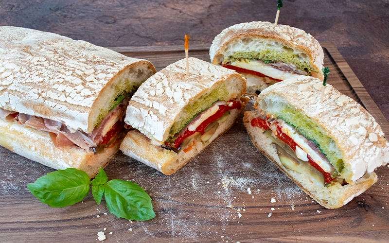 Grilled Eggplant, Prosciutto & Roasted Red Pepper Panini