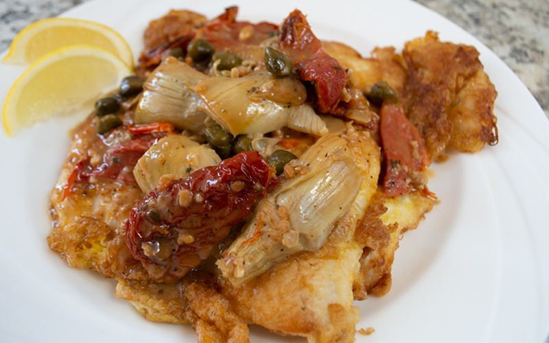 Pan Fried Flounder with Artichokes & Sun Dried Tomatoes