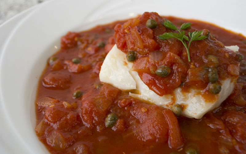 POACHED COD IN TOMATO CAPER SAUCE