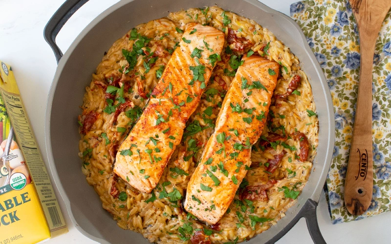 Salmon Over Creamy Orzo