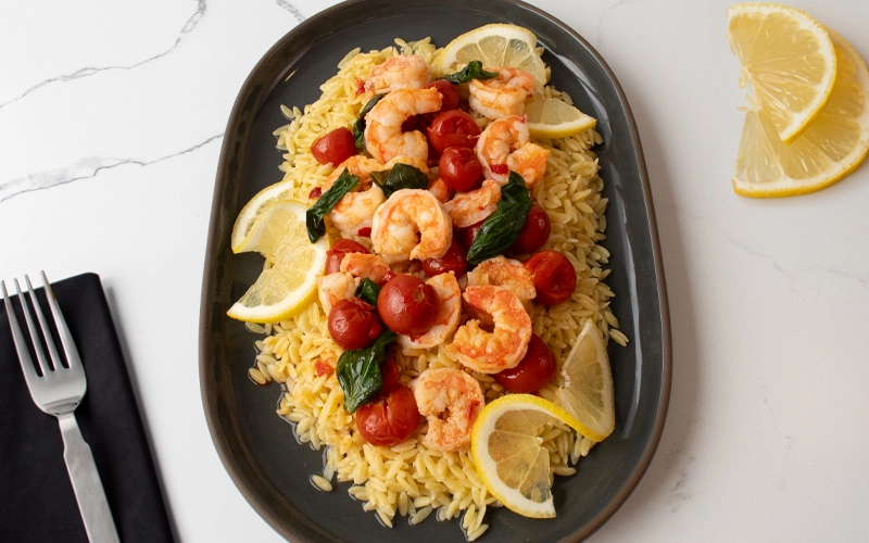 SPICY SHRIMP OVER ORZO