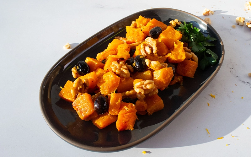 ROASTED BUTTERNUT SQUASH WITH OLIVES AND WALNUTS