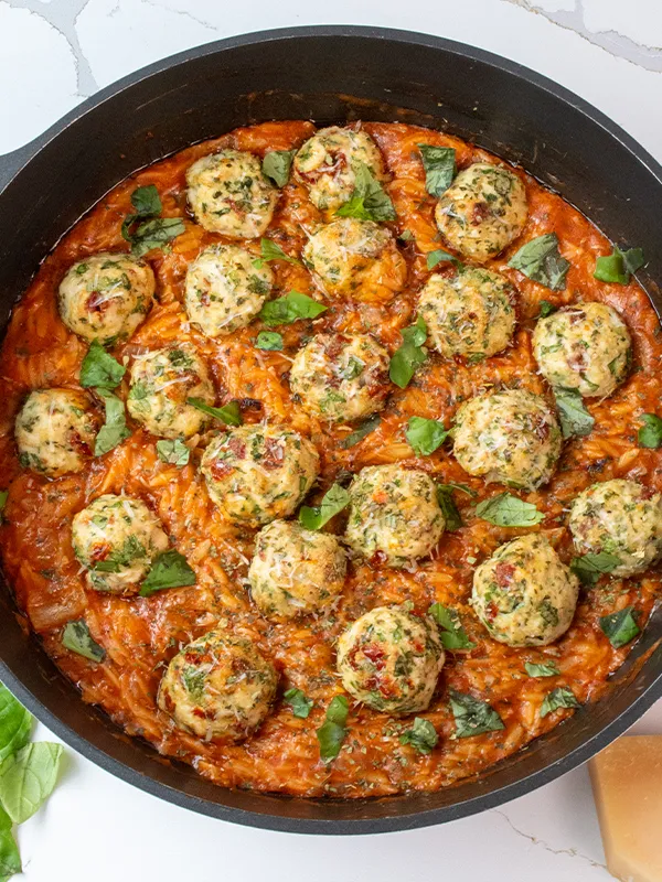 Tomato Basil Orzo with Chicken Meatballs