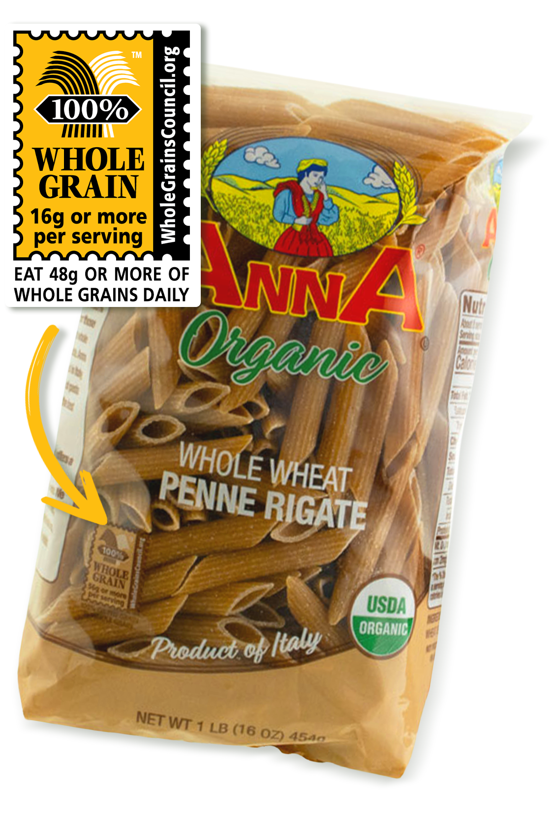 100% Whole Grain Stamp on bag of Anna pasta