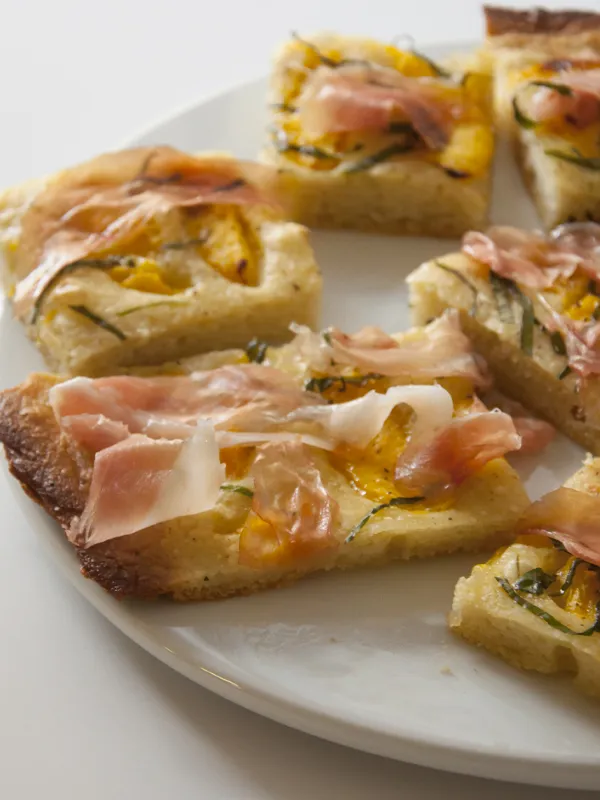 Flatbread with Peaches, Basil and Prosciutto