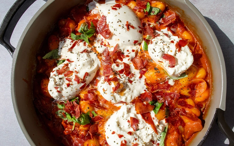 Creamy Tomato Gnocchi with Burrata and Prosciutto