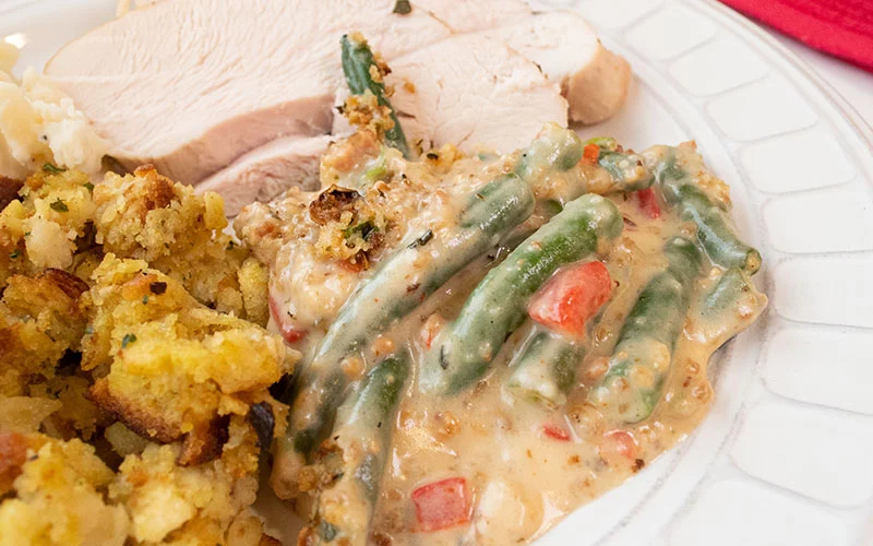 Cheesy Green Bean Casserole with Pimientos & Bacon