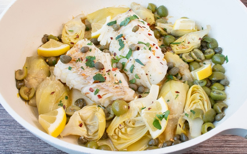 White Fish with Capers, Olives, & Artichokes