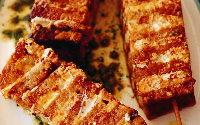 Lidiaâ€™s Fried Mozzarella Sandwich Skewers