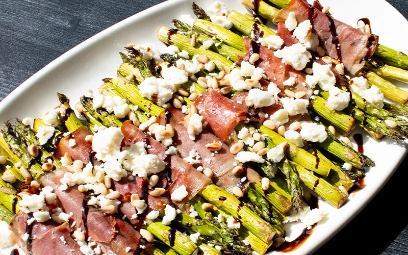 Prosciutto-Wrapped Asparagus with Feta & Pine Nuts