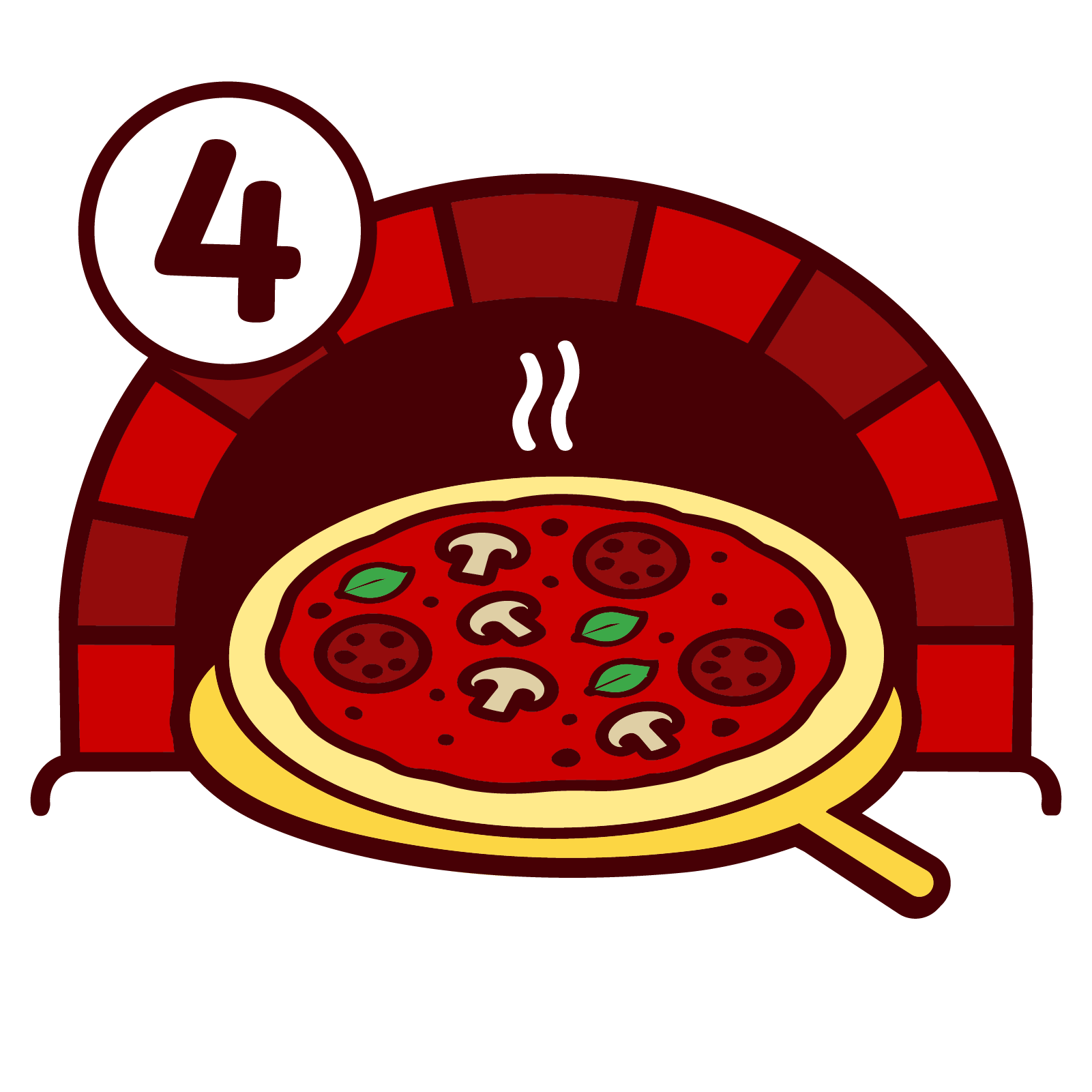 Illustration of a finished pizza baking in an oven
