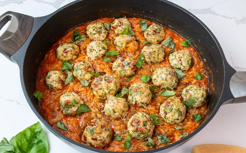Tomato Basil Orzo with Chicken Meatballs