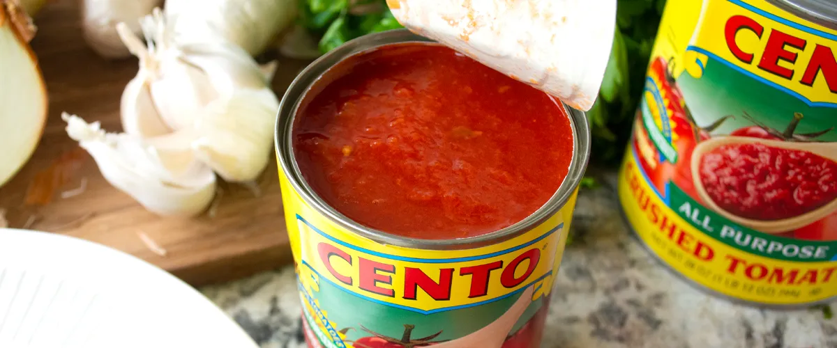 Can of crushed tomatoes on counter